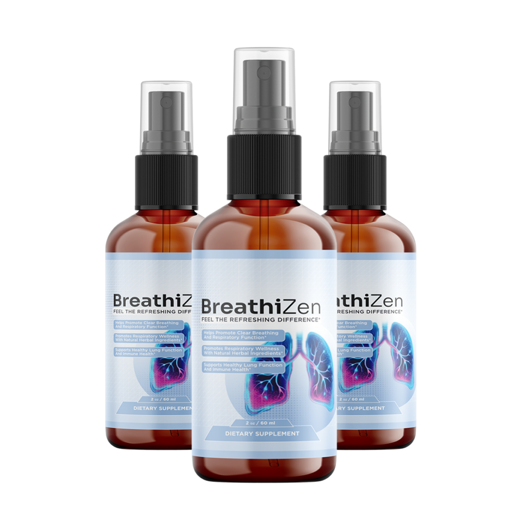 BreathiZen official website — three bottles of BreathiZen Respiratory Support, 100 servings each